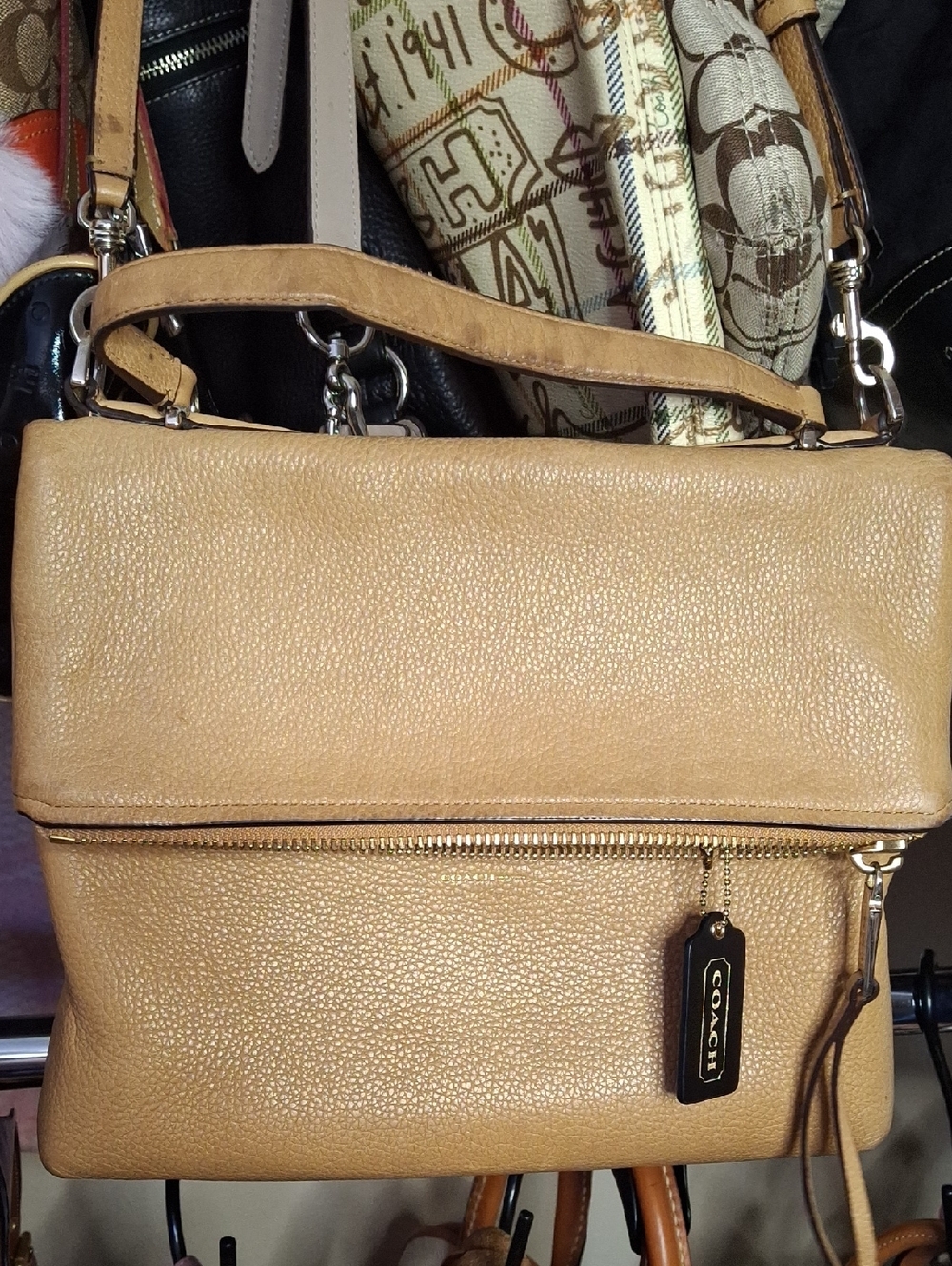 COACH NY URBANE TAN LEATHER FOLD OVER 2 WAY MEDIUM BAG few exterior marks